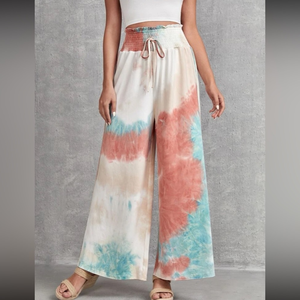 Boho tie dye print shirred waist wide leg pants